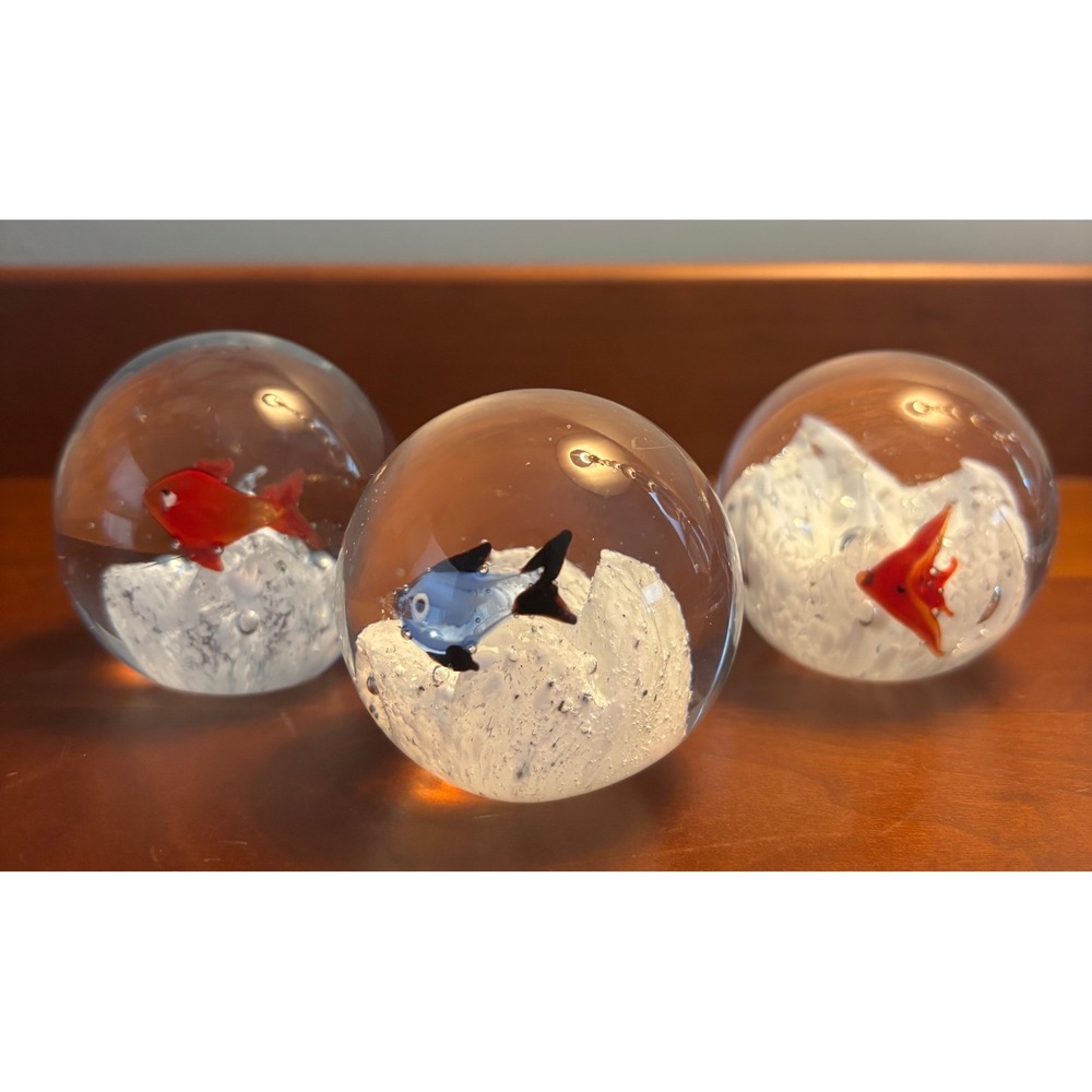 Hand Blown Art Glass Paperweights Sphere Goldfish Angelfish Sculpture Collection